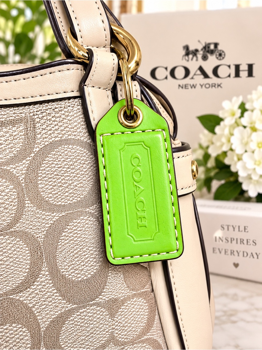 Coach Leather Bag Tag in Lime Green Gold Hardware